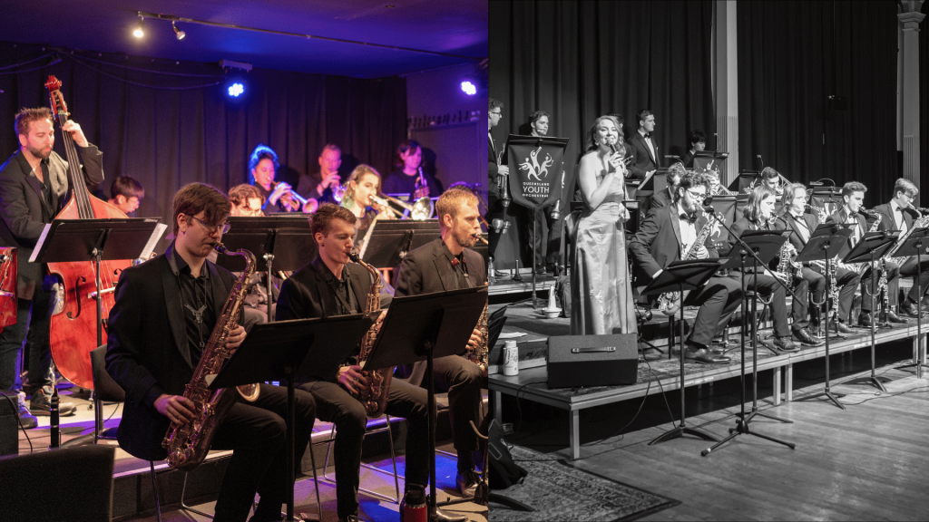 JMI Jazz Orchestra on the left and the QYO Big Band on the right